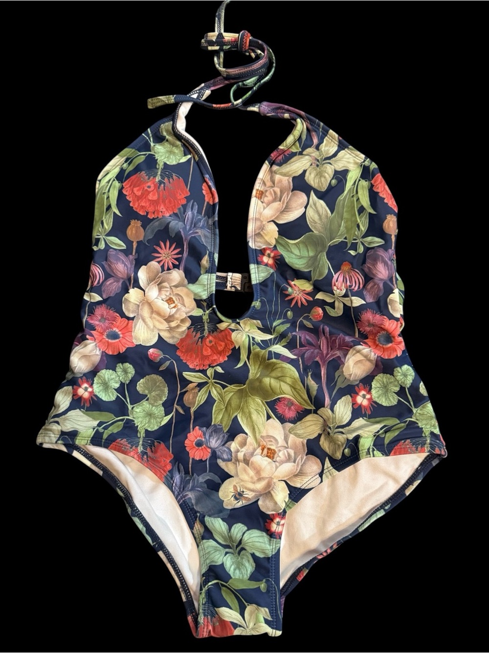 Motel Rocks Floral Halter One-Piece Swimsuit Navy Multicolor Blooms NWT